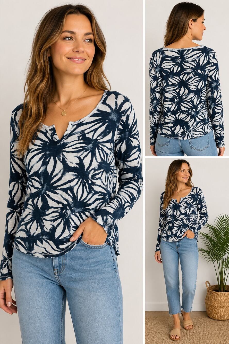 Lucky Brand Floral Top Women’s M Navy White Cotton Long Sleeve Boho